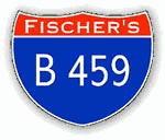 Blaues Verkehrsschild mit der Aufschrift "FISCHER'S B 459" in Weiß auf rotem und blauem Hintergrund.
