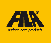 Gelbes Logo mit schwarzem Text "FILA surface care products".