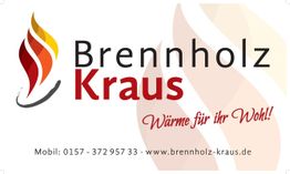 Logo von Brennholz Kraus mit Flammensymbol und Slogan "Wärme für ihr Wohl!".
