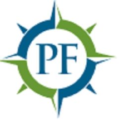 Compass design with "PF" in the center, featuring blue and green points.