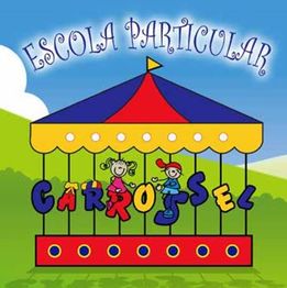 Desenho de carrossel colorido com crianças e texto "Escola Particular Carrossel".