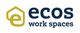 Logo mit gelbem Haus und blauem Text: "ecos work spaces".