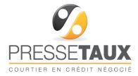 Logo de Presstaux avec symbole yin-yang, texte "Courtier en crédit négocié" en dessous.
