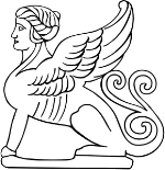 Antike Sphinx mit Frauengesicht, Flügeln und geschwungenem Schwanz, in schwarzer Umrisszeichnung.