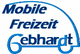 Logo: "Mobile Freizeit Gebhardt" in blauer Schrift, geformt wie ein Wohnmobil.
