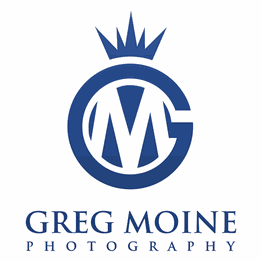 Logo with a stylized blue "GM" beneath a crown, text: "Greg Moine Photography".