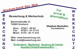 Visitenkarte mit Sicherheitsdiensten, Kontaktdaten und Webadresse in blau, grün und rot.