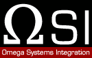 Logo von Omega Systems Integration mit weißen Buchstaben auf schwarzem Hintergrund.