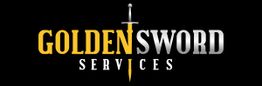 Logo with a golden sword forming the "I" in "GOLDEN SWORD SERVICES" on a black background.