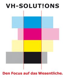 Bunte Rechtecke mit Text "VH-SOLUT!ONS" und "Den Focus auf das Wesentliche."