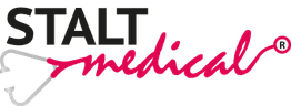Logo mit dem Text "STALT medical" und einem Stethoskopsymbol in Schwarz und Rot.