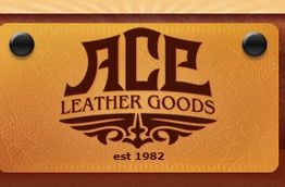 Logo for Ace Leather Goods, established in 1982, on a textured brown leather background.