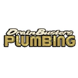 "DrainBusters Plumbing logo with bold gold and black text on a white background."