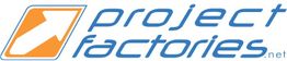 Blaues "project factories" Logo mit Grafik eines weißen Pfeils auf orangefarbenem Hintergrund.