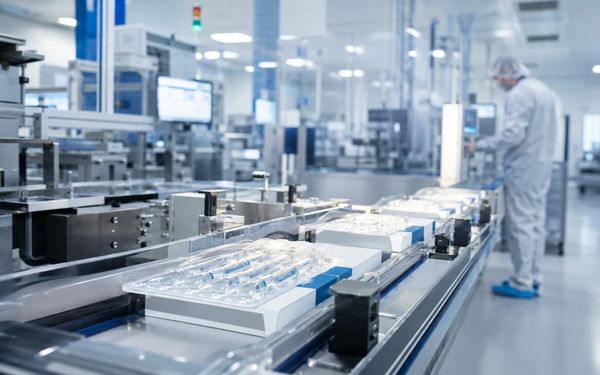 Moderne Produktionslinie für pharmazeutische Verpackungen in einem Reinraum mit automatisierter Qualitätskontrolle und digitaler Überwachung.