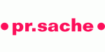 Roter Text "pr.sache" mit Punkten auf weißem Hintergrund.