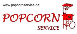 Schwarzer Text "www.popcornservice.de", roter "POPCORN SERVICE", roter Popcornwagen.