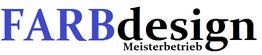Textlogo: "FARBdesign Meisterbetrieb" in blauer und schwarzer Schrift auf weißem Hintergrund.