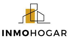 Logo de Inmohogar con líneas de edificios y un fondo amarillo.