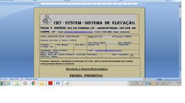 Documento de sistema de elevação em um editor de texto com detalhes de contato e serviços listados.