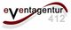 Logo der Eventagentur 412 mit stilisiertem "V" und geschwungener Linie in Rot.