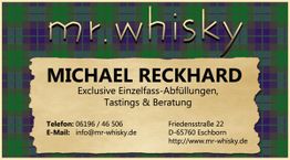Visitenkarte von Michael Reckhard: Mr. Whisky, Tastings, Kontaktangaben, grün-karierter Hintergrund.