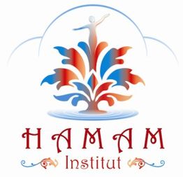 Logo des Hamam Instituts mit buntem Ornament und stilisierter Figur oben.