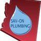 Blue water drop labeled "Sav-On Plumbing" on a red Arizona state outline.