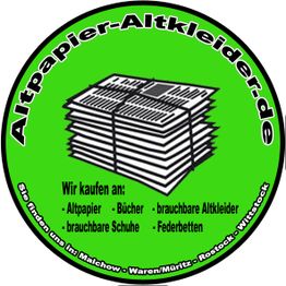 Rundes Logo mit Zeitungsgrafik. Text: "Altpapier, Bücher, Altkleider, Schuhe, Federbetten".