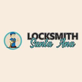 Cartoon locksmith with tools next to "Locksmith Santa Ana" text on light background.