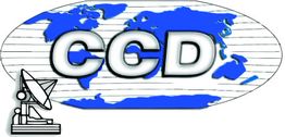 Logotipo con mapa mundial azul, letras "CCD" y antena parabólica en la esquina inferior izquierda.