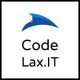 Logo mit blauem Hai-Flosse über dem Text "Code Lax.IT".