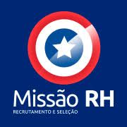 Logotipo da Missão RH com círculo vermelho e estrela no centro, fundo azul.