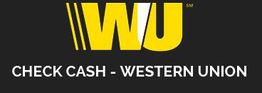 Western Union logo with text: Check Cash - Western Union, on a black background.