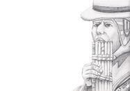 Bleistiftzeichnung einer Person mit Hut, die eine Panflöte spielt, auf weißem Hintergrund.