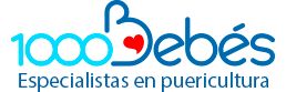 Logo de "1000 Bebés" con corazón rojo y texto: "Especialistas en puericultura".