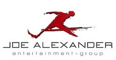 Rotes Silhouetten-Logo eines springenden Menschen über dem Text "Joe Alexander Entertainment Group".