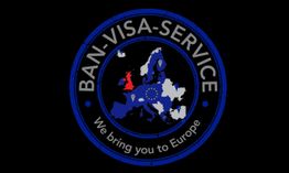 Logo mit Europakarte, Schriftzug "BAN-VISA-SERVICE", Text "We bring you to Europe".