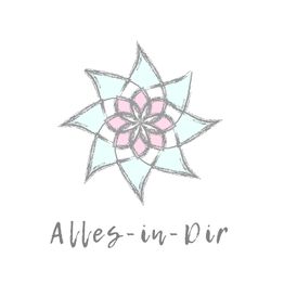 Blau-pinke Mandala-Blume mit Text "Alles-in-Dir" darunter, auf weißem Hintergrund.