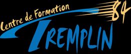 Texte: "Centre de Formation Tremplin 84" sur fond noir avec des accents bleus et jaunes.