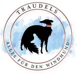 Schwarzer Windhund vor blauem Hintergrund, umgeben von Text "Traudels - Alles für den Windhund".