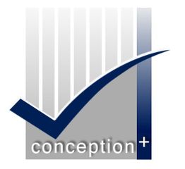 Logo mit dunkelblauem Haken und Schriftzug "conception+" auf grauem Hintergrund mit Streifen.