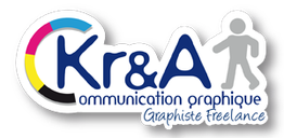 Logo Kr&A avec texte "communication graphique, graphiste freelance" et silhouette grise.