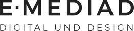 Logo mit Text „E-Mediad Digital und Design“ in schwarzer Schrift auf weißem Hintergrund.