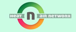 Logo with "Heat n Air Network" text inside a gradient circle on a light green background.