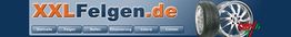 Webseite-Banner mit Logo "XXL Felgen.de", zwei Autoreifen und Menüoptionen.