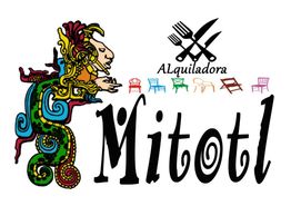 Logotipo de "Mitotl" con diseño azteca y letras coloridas de sillas. Texto: Alquiladora.