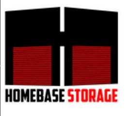 Logo of Homebase Storage with red doors and black text.