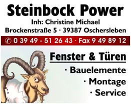 Steinbock mit Text: Steinbock Power, Fenster & Türen, Kontaktdetails und Serviceangebote.
