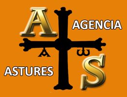 Logotipo con una cruz negra, letras doradas "A", "S" y texto "Agencia Astures" sobre fondo naranja.